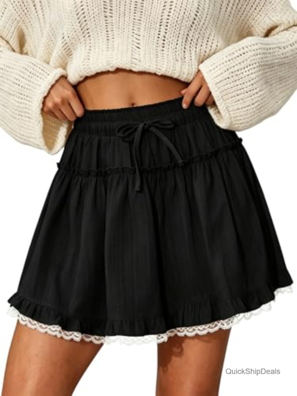 Womens Ruffle Mini Skirt Lace Layered Flowy Skort High Waist A-Line
